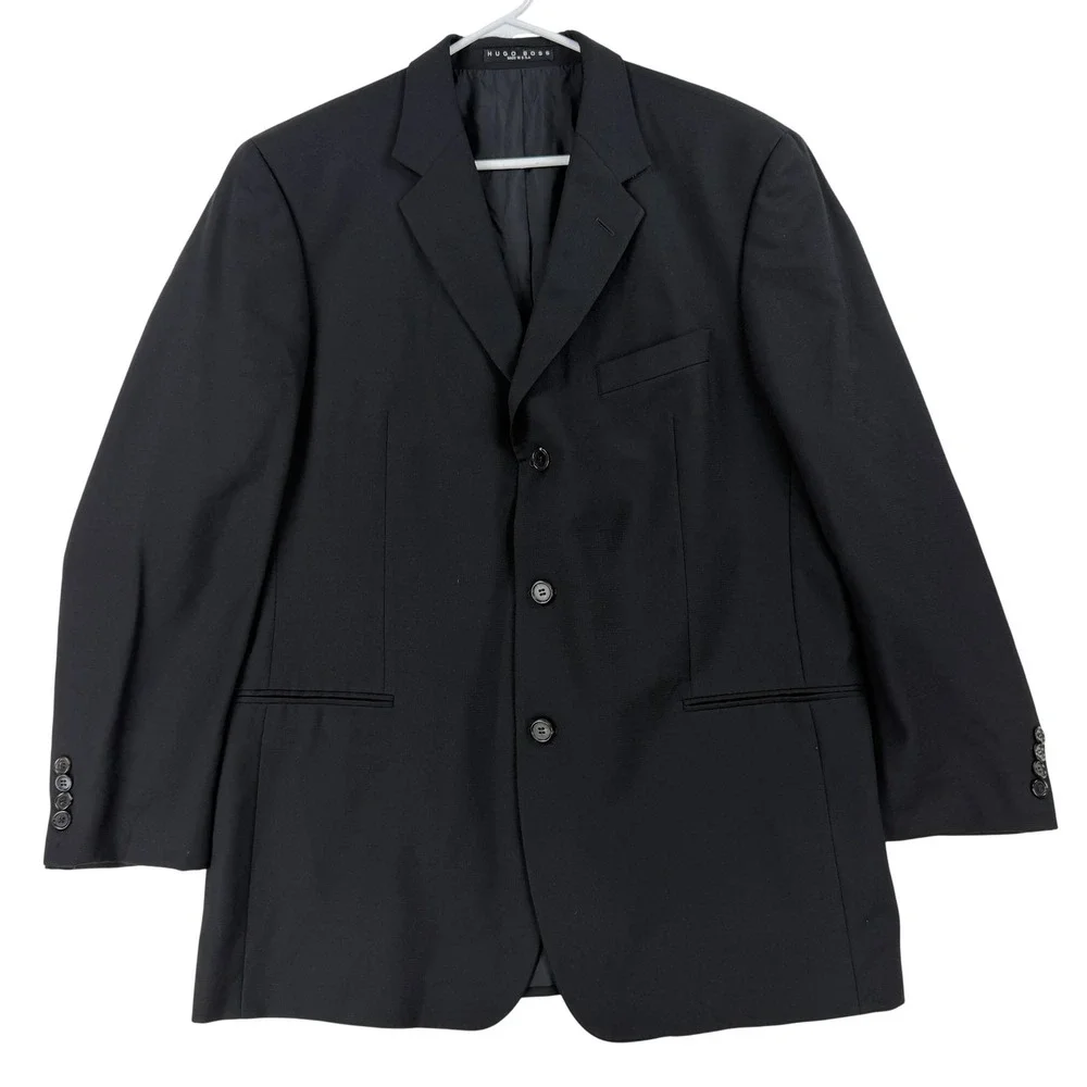Hugo Boss Suit Jacket Mens 46 Black‎ Wool 3 Button Notch Lapel Made USA